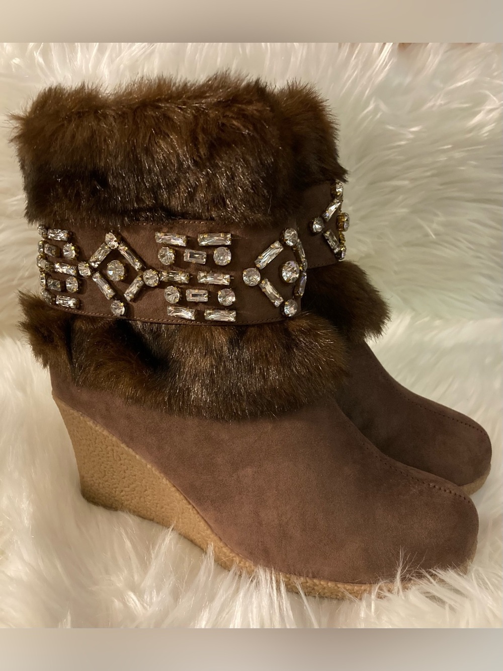Joan Boyce Women's Brown Faux Fur Wedge Boot with Crystal Embellishment